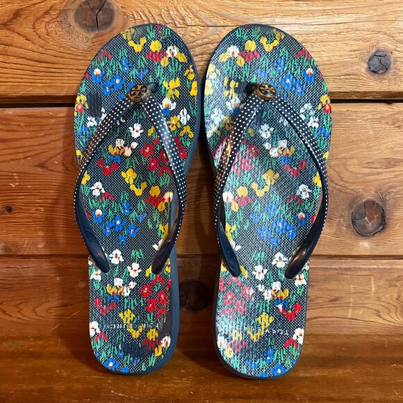 Tory Burch Navy Blue Polka Dot Floral Flip Flops Sandals Size 7 - Picture 1 of 6